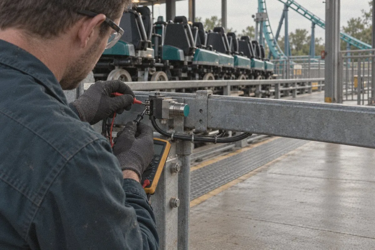 Maintenance technician testing a station sensor with a multimeter on a roller coaster loading platform