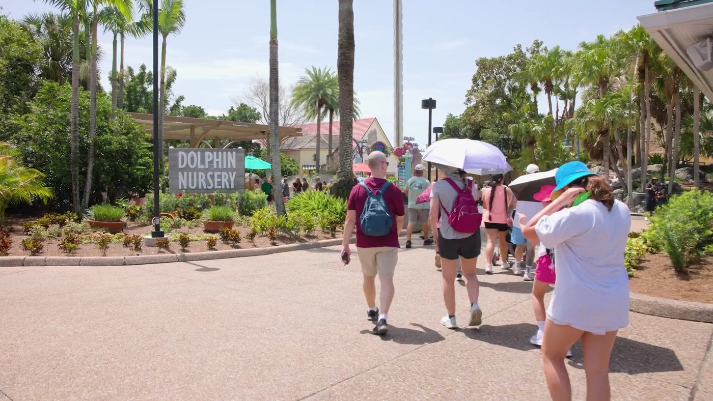 Guests walking into the park after the gates open